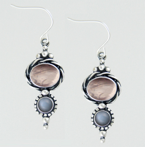 Sterling Silver Drop Dangle Earrings With Rose Quartz And Grey Moonstone